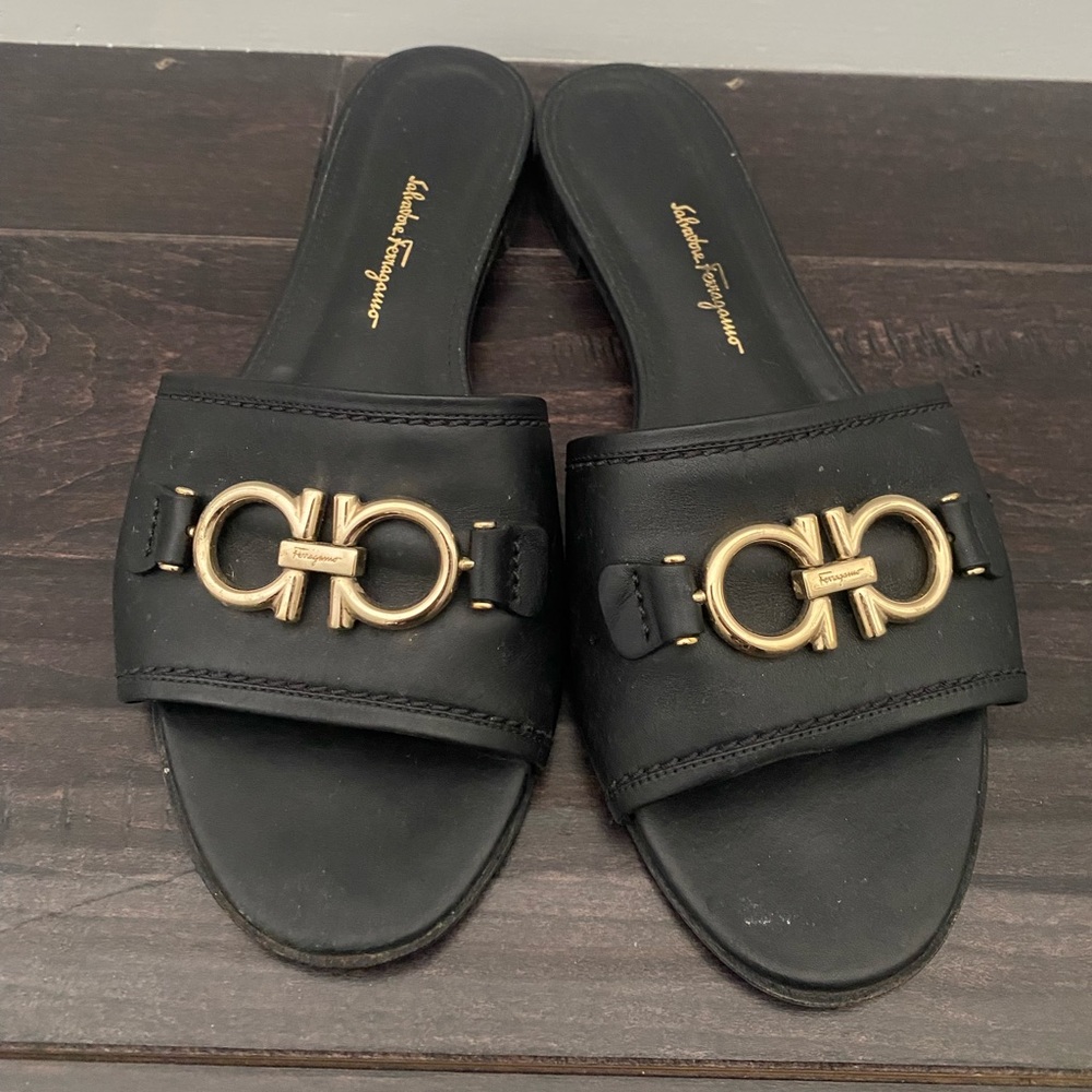Salvatore Ferragamo Black Leather Slide Sandals with Gold Gancini
